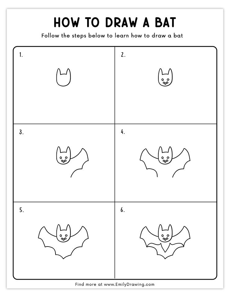 Step-by-step guide to draw a bat with a cute face and spread wings, perfect for kids.