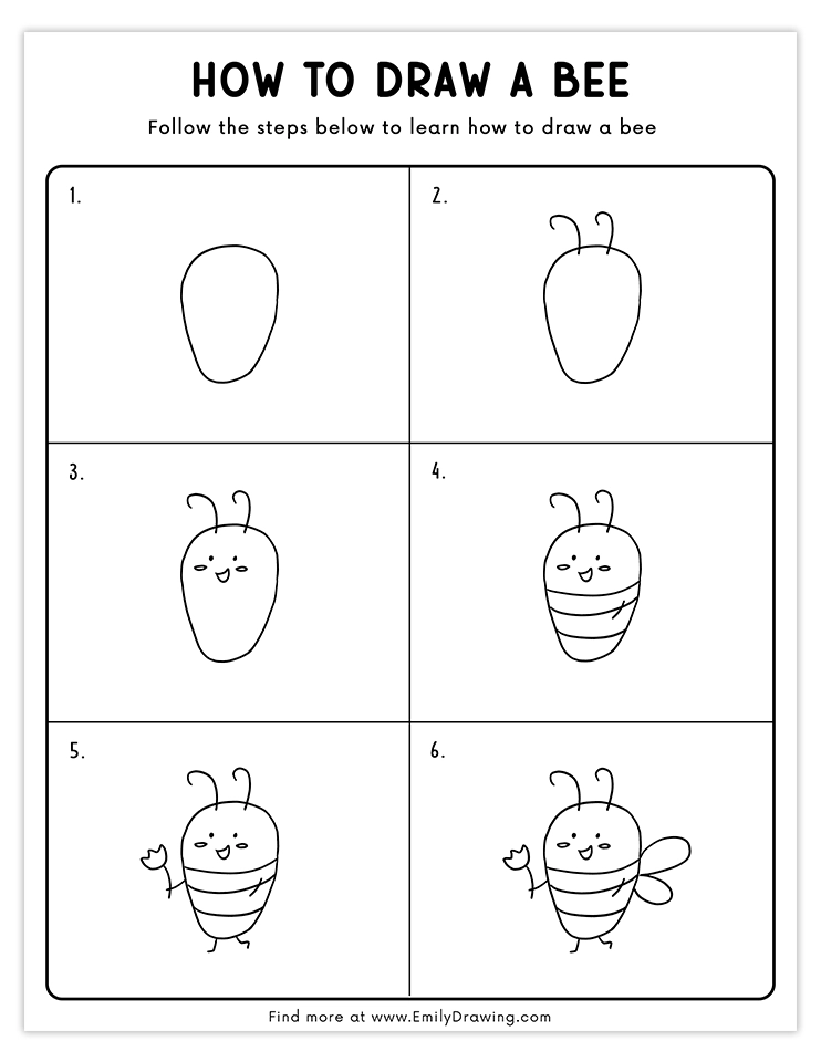 Step-by-step tutorial to draw a cheerful bee with simple shapes.