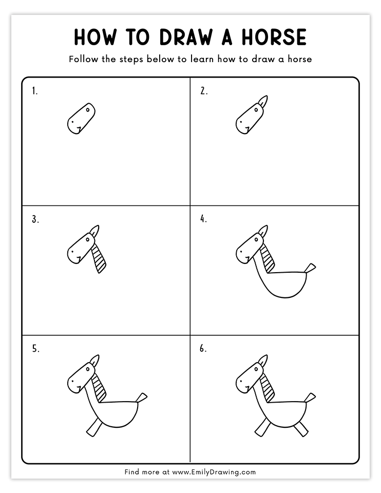 Step-by-step guide to draw a cute cartoon horse.