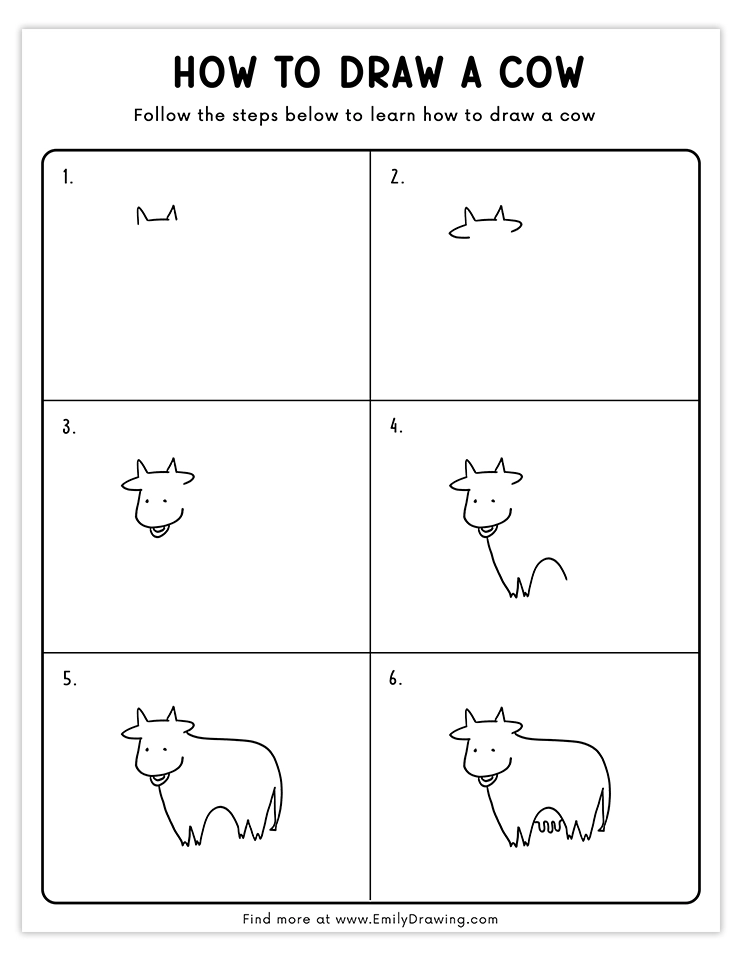 Simple step-by-step cow drawing guide, ideal for kids and beginners learning basic sketching techniques.