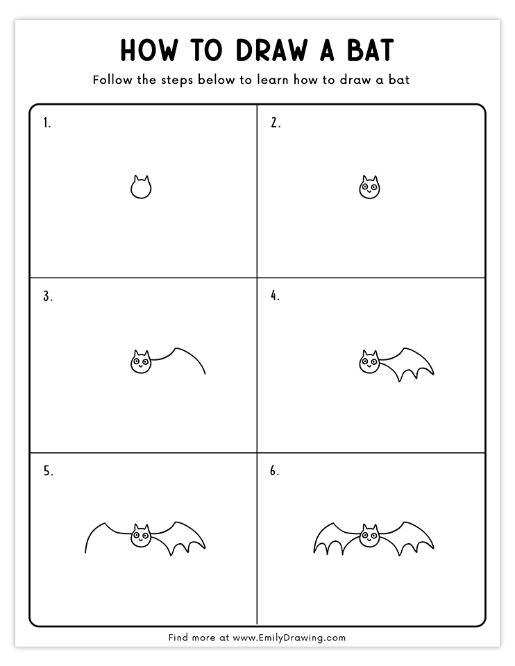 Step-by-step tutorial to draw a simple bat with wings and a cute face, perfect for kids.