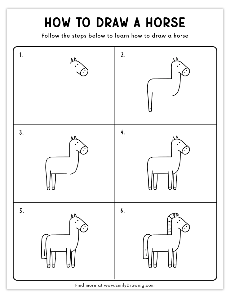 Simple six-step horse drawing tutorial for children and beginners.