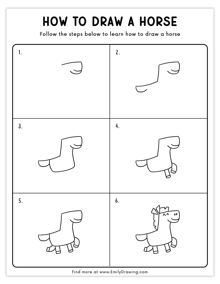 Step-by-step guide to draw a happy cartoon horse.