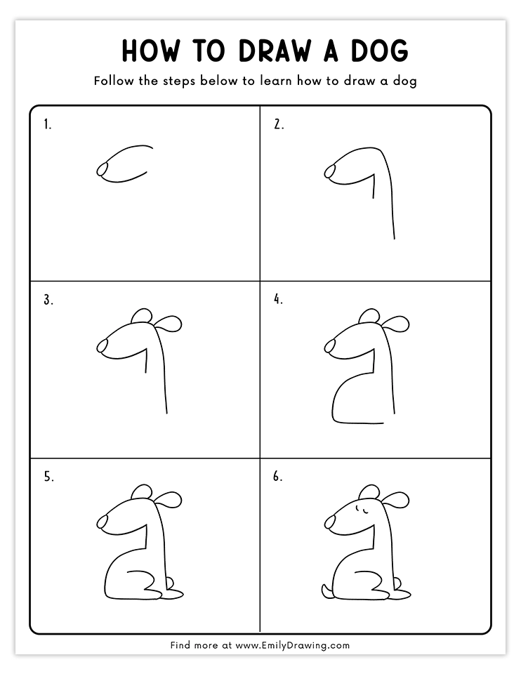 Learn how to draw a simple sitting dog in six steps. Perfect for beginners and kids!