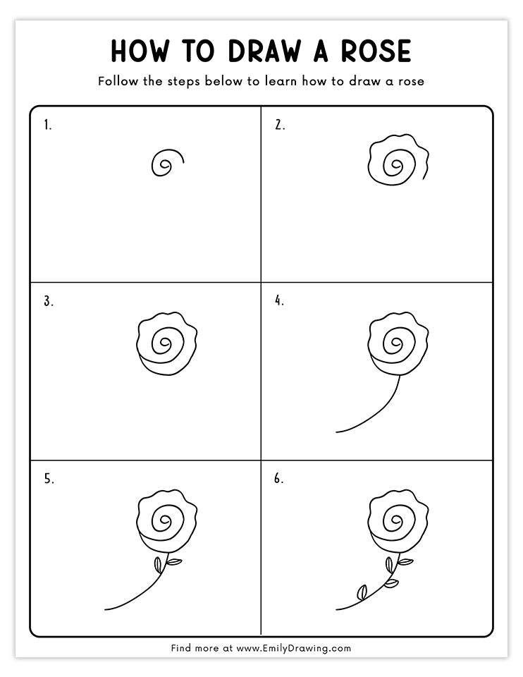 A step-by-step guide to draw a spiral rose with a stem and leaves.