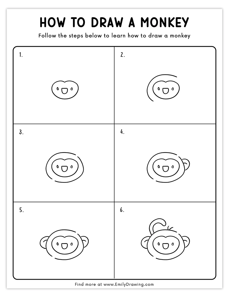 Step-by-step guide to draw a cartoon monkey face.