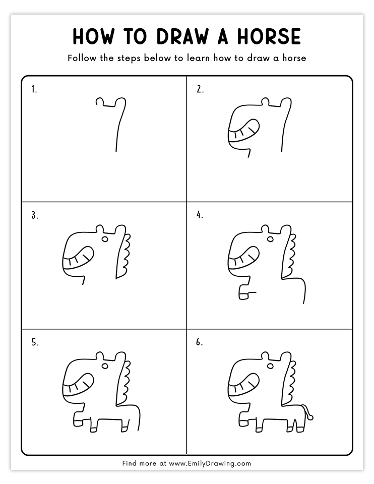 Step-by-step guide to draw a cheerful cartoon horse.