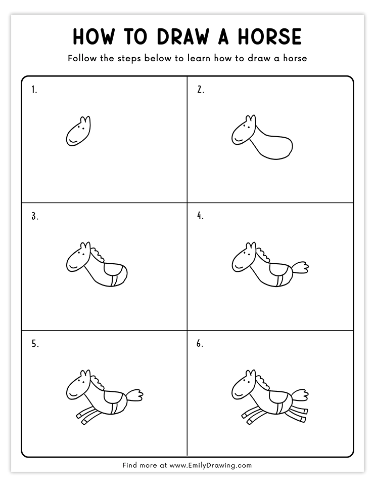 Step-by-step guide to draw a playful horse for kids.