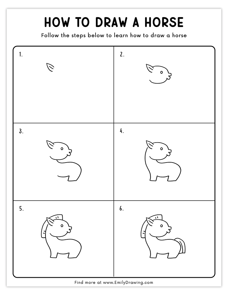 Step-by-step guide to draw a playful and cute horse.