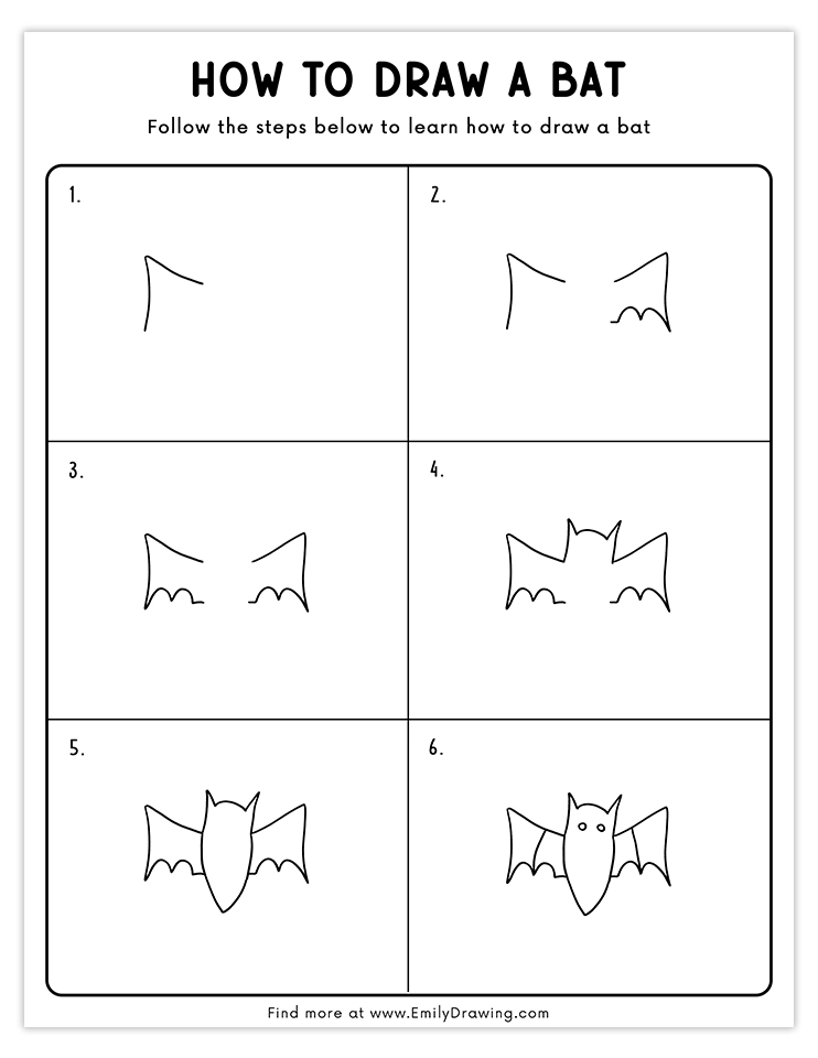 Step-by-step tutorial for drawing a bat with wings, ideal for kids and beginners.