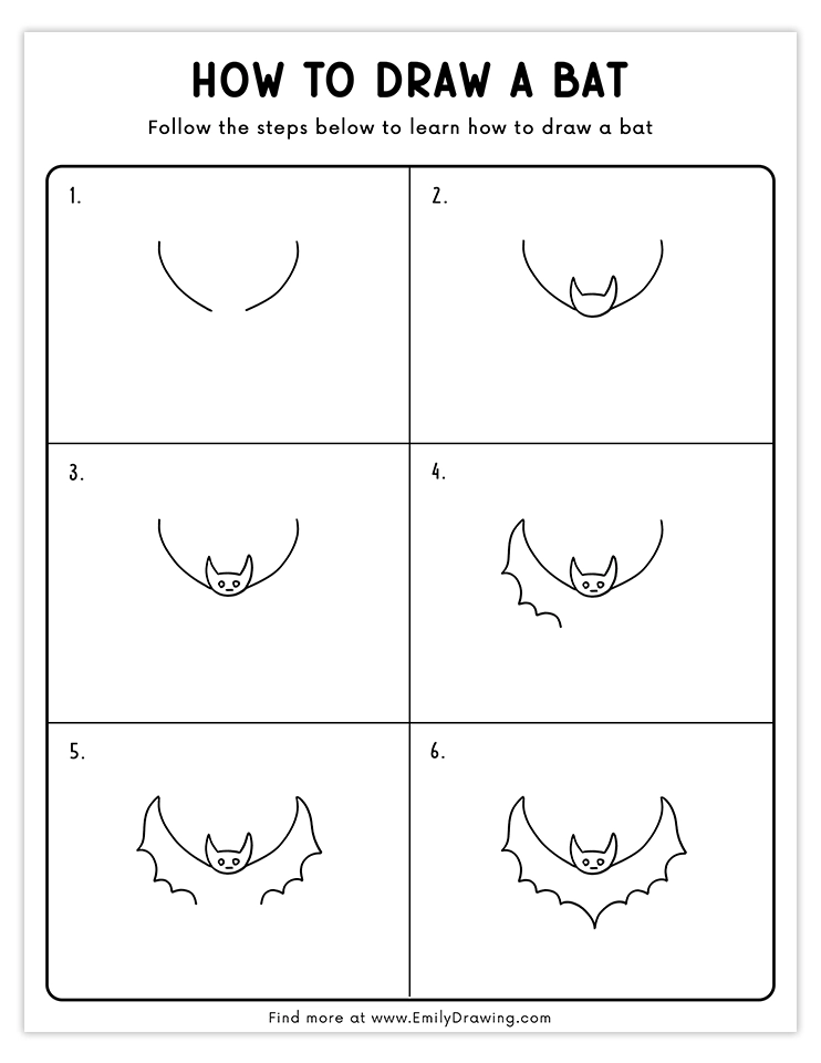 Step-by-step tutorial to draw a bat with curved wings and a cute face, ideal for beginners.