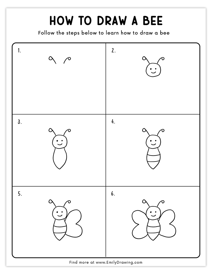 Step-by-step tutorial for drawing a bee with heart-shaped wings.