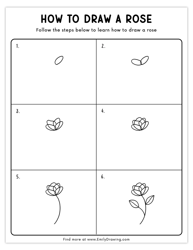 A 6-step tutorial to draw a blooming rose with petals, stem, and leaves.