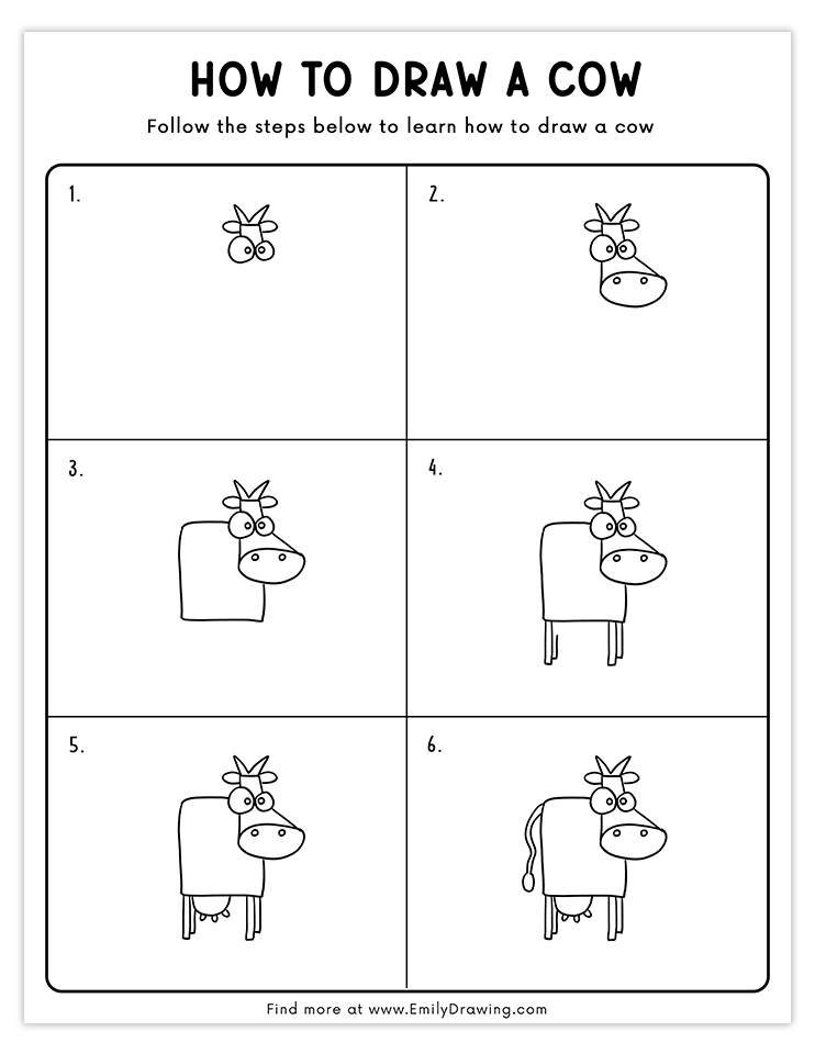 Step-by-step guide to drawing a boxy cartoon cow with fun and simple instructions, perfect for kids and beginners.