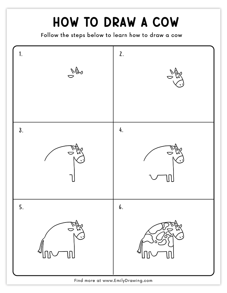 Step-by-step tutorial for drawing a cartoon cow with simple shapes and details, perfect for beginners and kids.