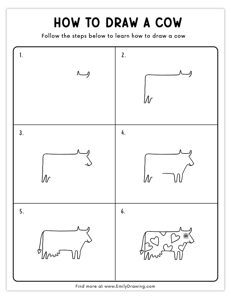 Step-by-step cow drawing tutorial for beginners, showing simple shapes and details for creating a cute cow sketch.