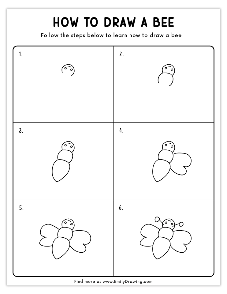 Step-by-step guide to draw a bee with heart-shaped wings.