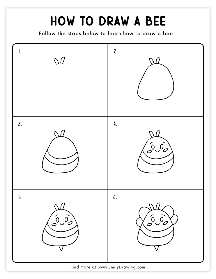 Step-by-step guide to draw a happy bee with wings.