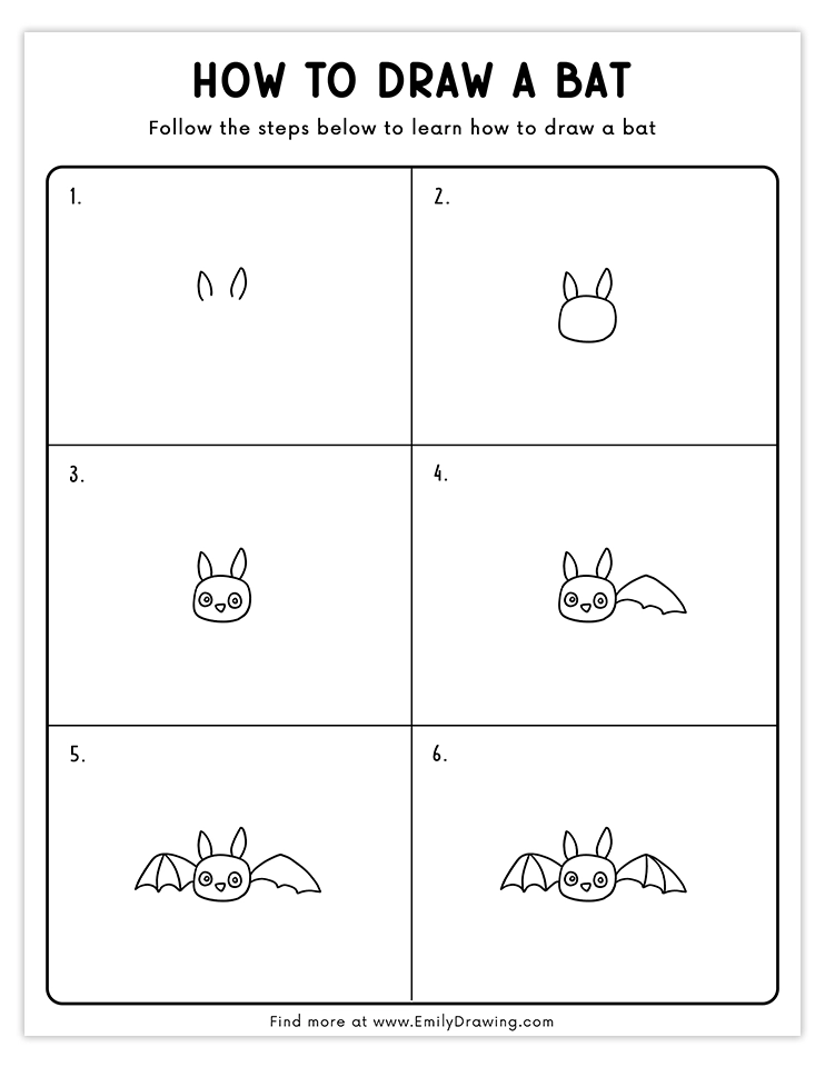 Step-by-step guide to draw a cute cartoon bat with big eyes and wings, ideal for kids.