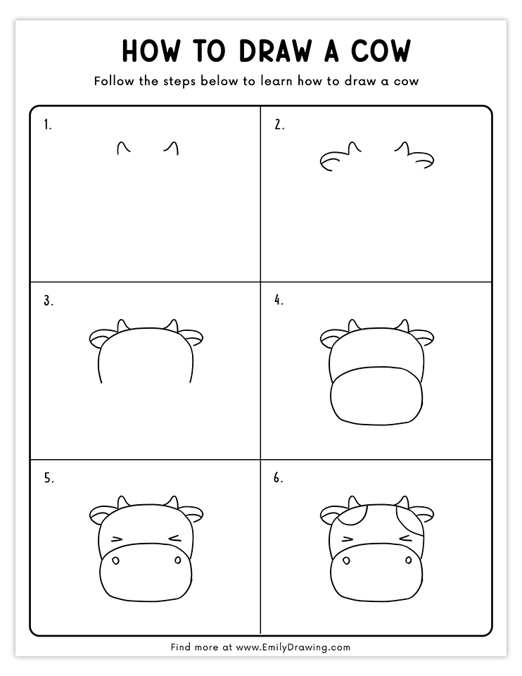 Step-by-step tutorial to draw an adorable cow face with simple lines and fun details, perfect for kids and beginners.