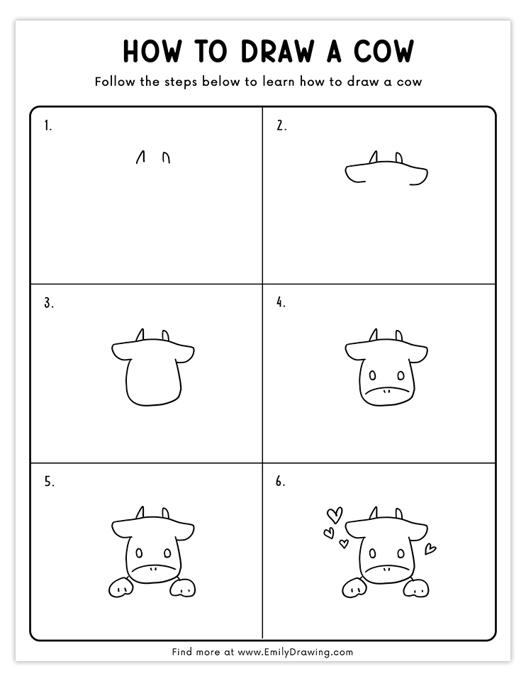 Step-by-step guide to drawing an adorable cow face with simple shapes and cute details, perfect for kids and beginners.