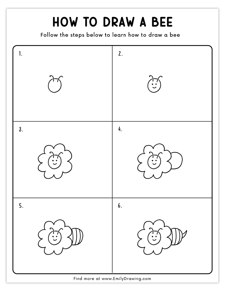 Step-by-step tutorial for drawing a bee with a flower design.