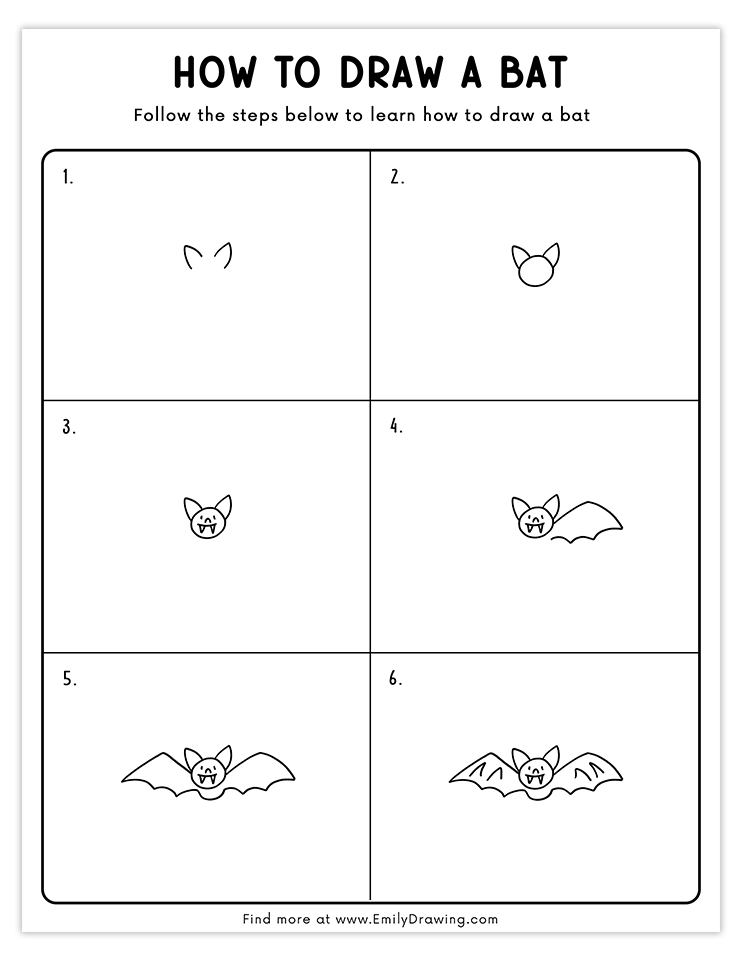 Step-by-step tutorial for drawing a cute vampire bat with wings, ideal for beginners.