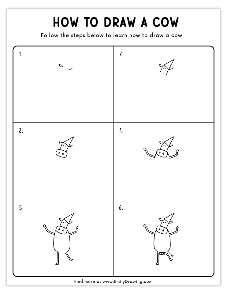 Fun step-by-step guide to draw a dancing cow with simple shapes and details, perfect for creative beginners.