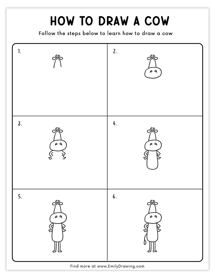 Step-by-step tutorial to draw a funny cartoon cow with a playful pose and simple shapes, perfect for kids and beginners.