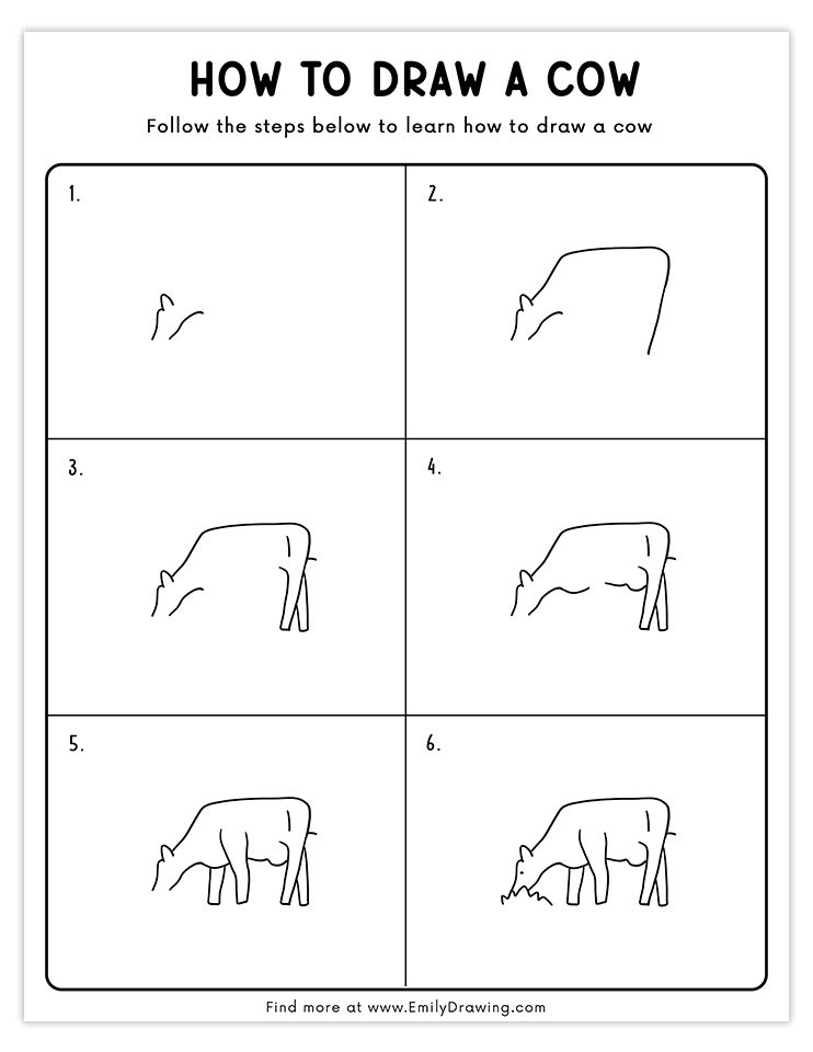 Step-by-step guide to drawing a grazing cow with simple instructions, perfect for beginners and kids.