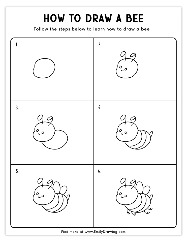 Easy guide to drawing a cheerful bee in six steps.