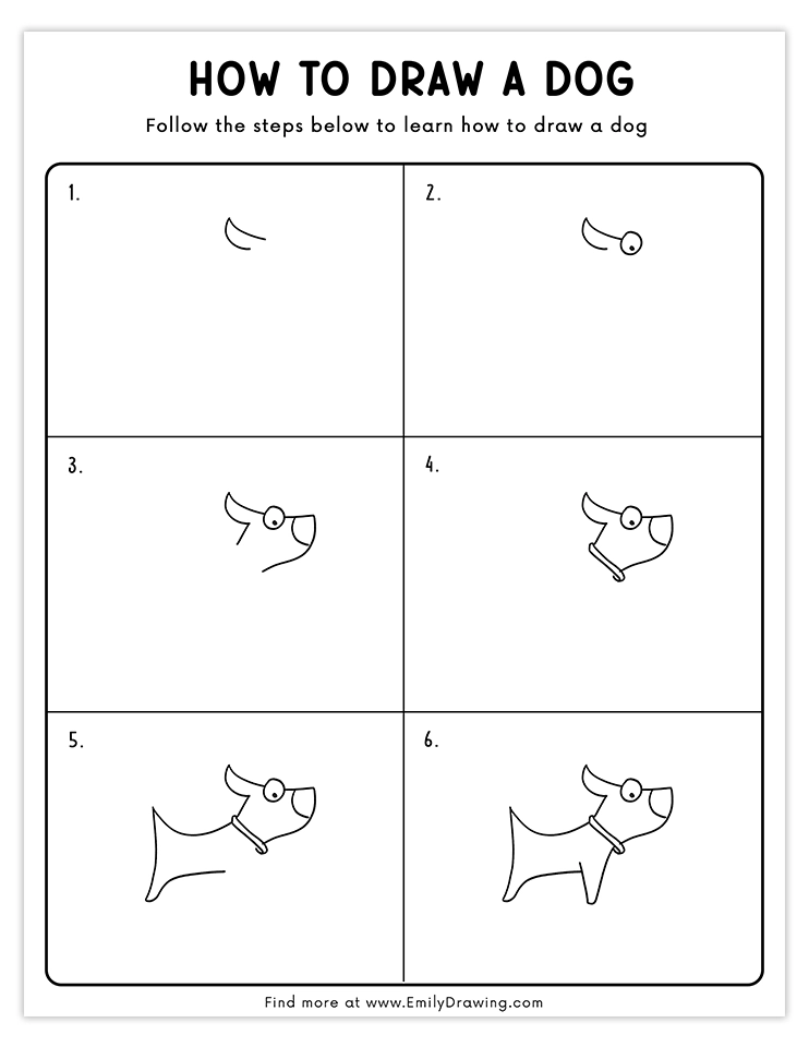 Follow this easy six-step guide to draw a happy dog. Great for beginners!