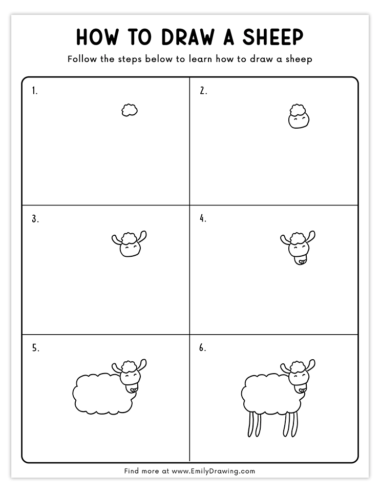 Step-by-step guide to draw a cheerful sheep, perfect for kids and beginners.