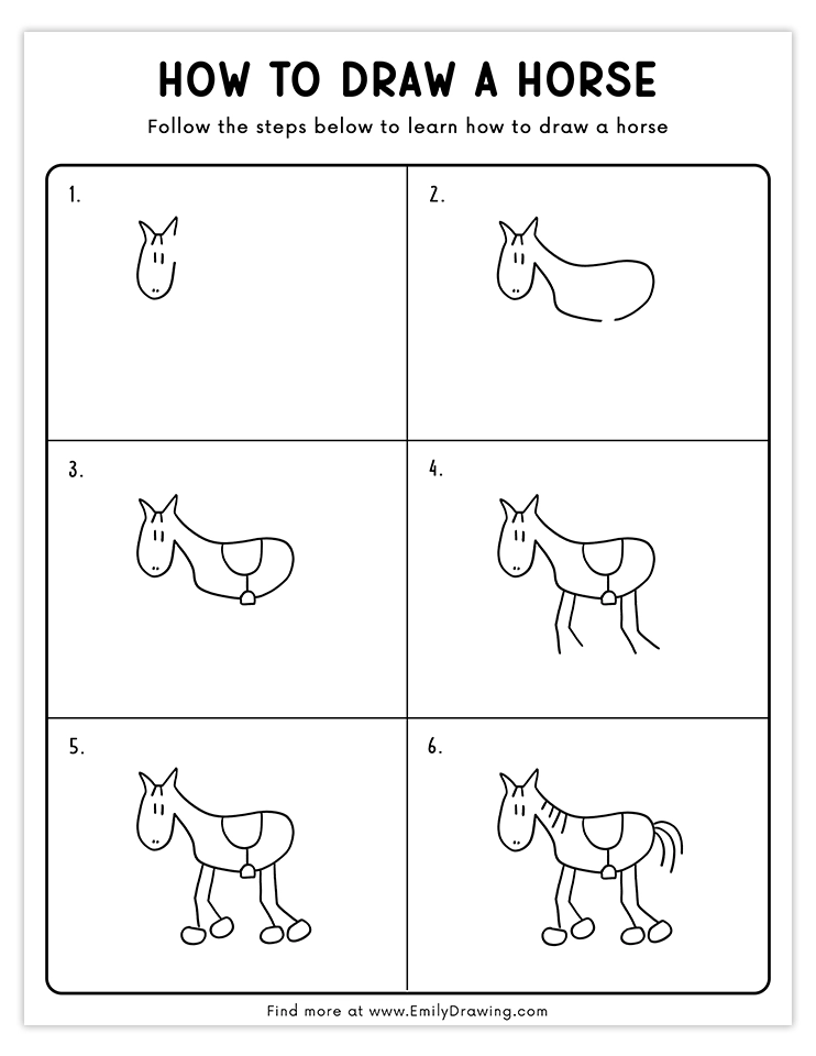 Easy step-by-step horse drawing tutorial for kids and beginners.