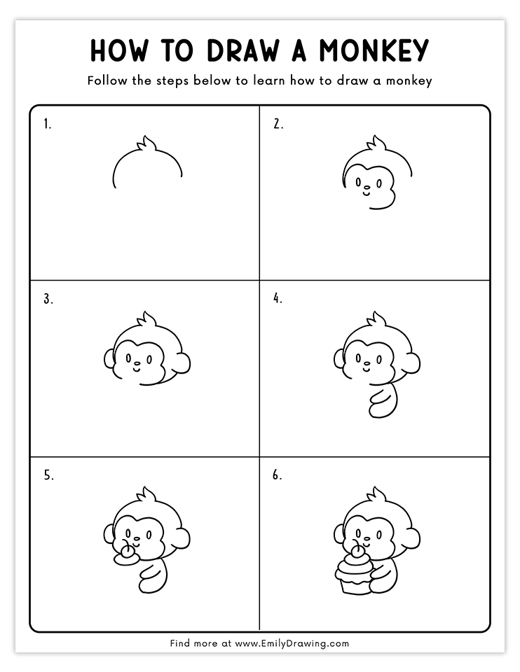 Step-by-step tutorial to draw a monkey with a cupcake.