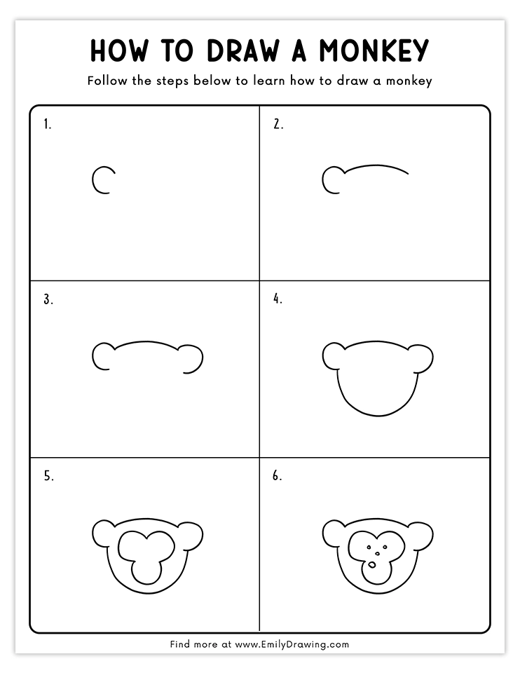 Step-by-step guide to draw a cartoon monkey face.