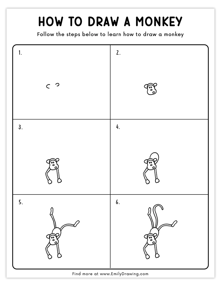 Step-by-step guide to draw a playful swinging monkey.