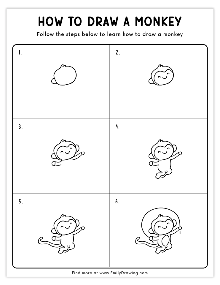 Step-by-step guide to draw a playful swinging monkey.