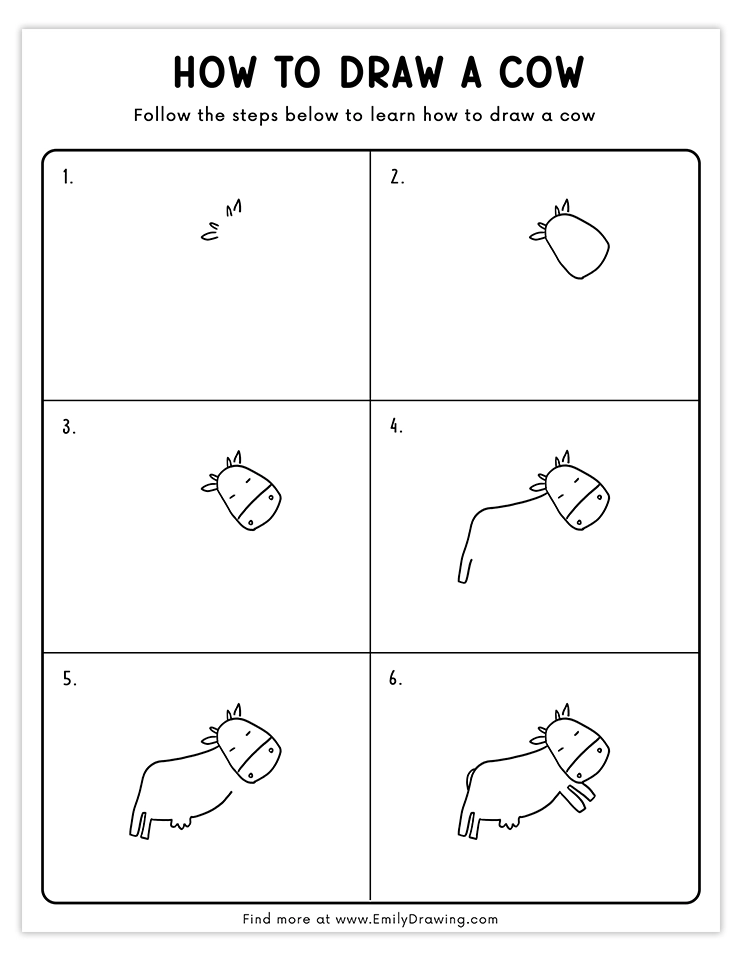 Step-by-step guide to drawing a playful cartoon cow with fun and simple shapes, ideal for beginners and kids.