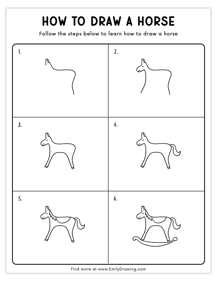 Step-by-step guide to draw a rocking horse for beginners.