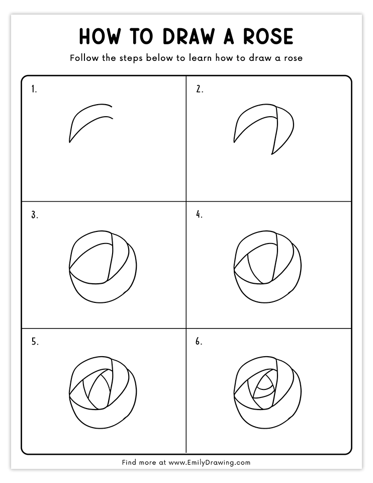 A 6-step rose drawing tutorial focusing on layered petals for a realistic look.