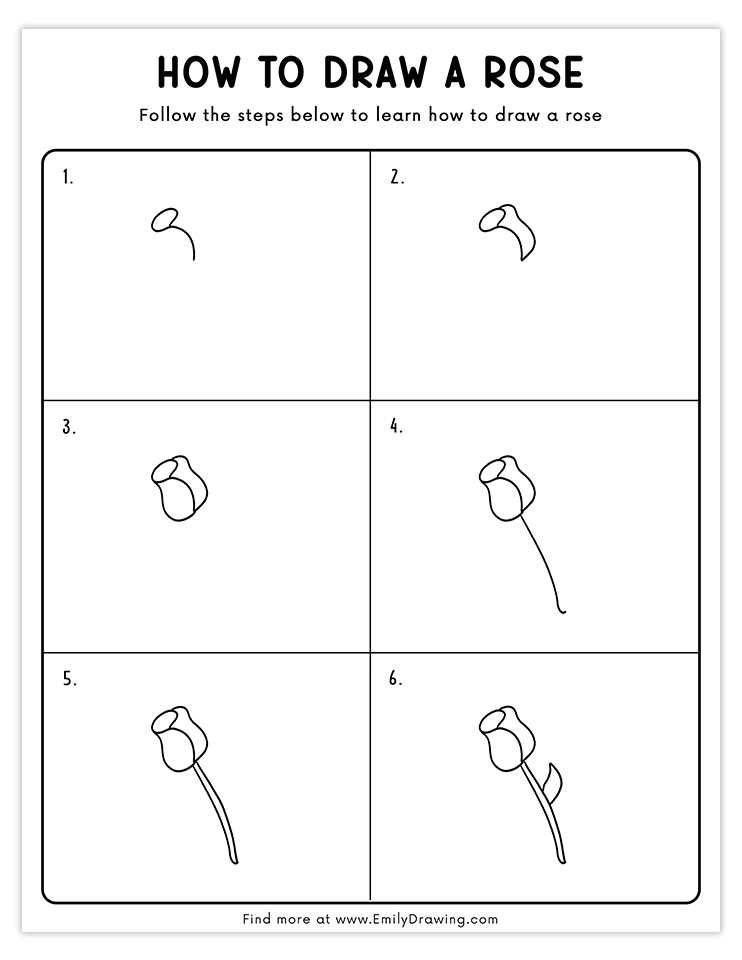 A step-by-step guide to draw a simple rosebud with a stem and leaves.