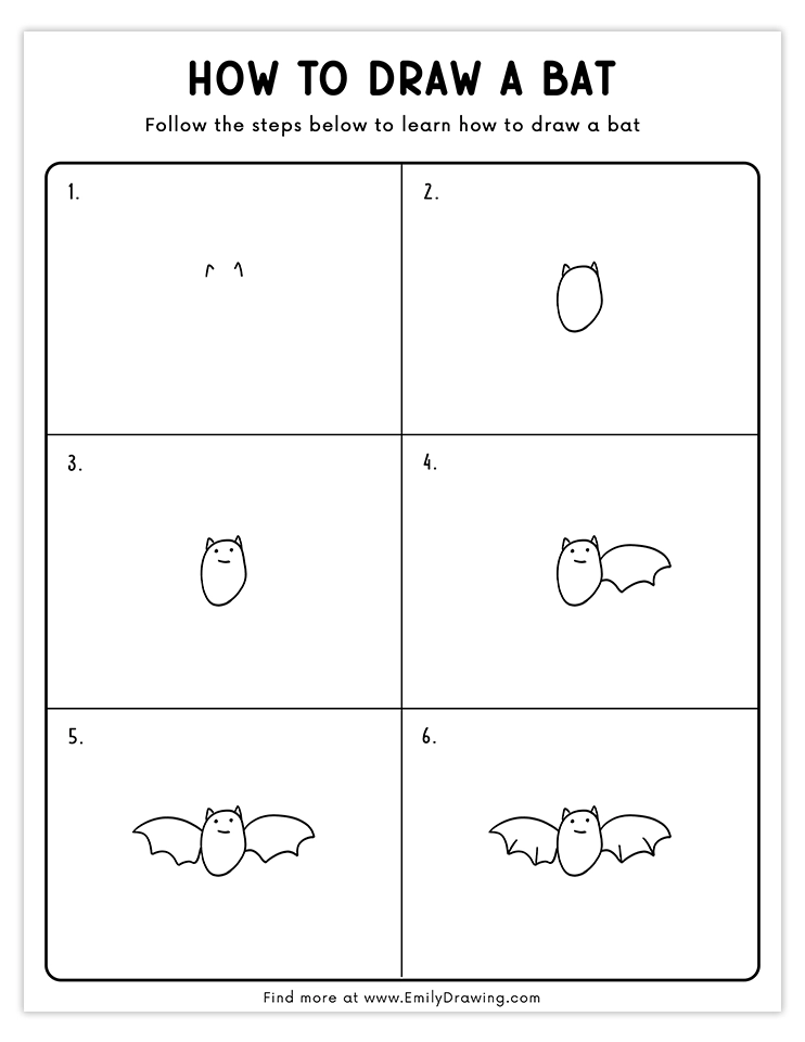 Easy step-by-step guide to draw a cute bat with wings, great for beginners and kids.