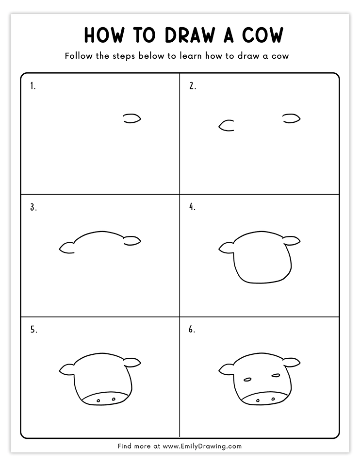 Easy step-by-step tutorial for drawing a basic cow face with simple shapes, perfect for beginners and kids.