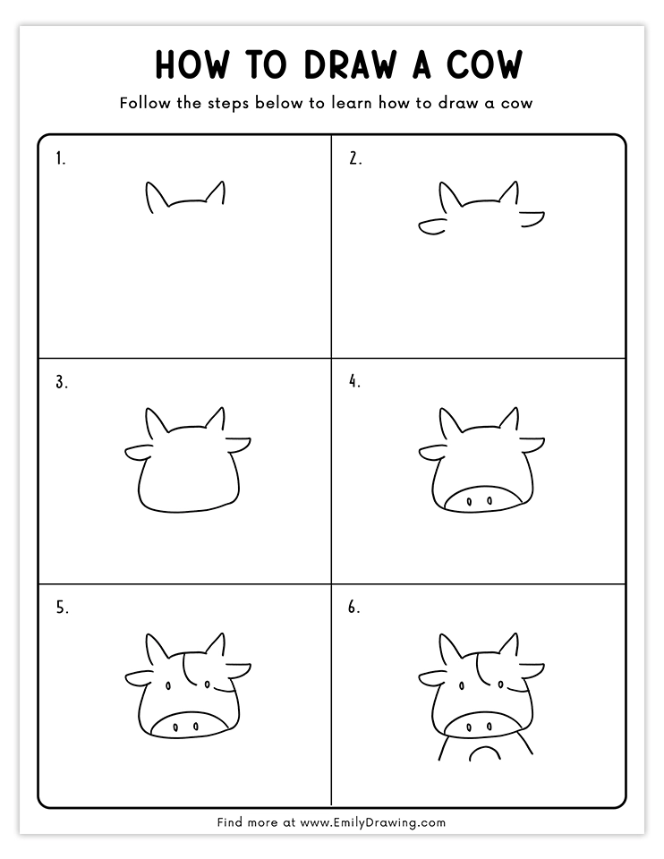 Step-by-step guide to draw a simple cow face with cute features and easy shapes, perfect for beginners and kids.