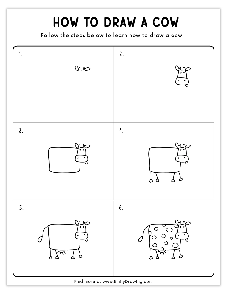 Step-by-step tutorial to draw a simple and cute cow with basic shapes, great for beginners and kids.