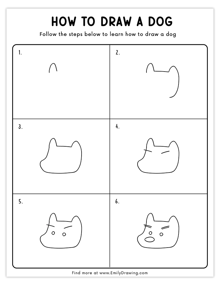 Learn to draw a cute and simple dog face in six steps. Great for beginners!