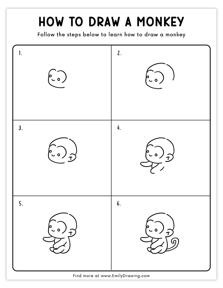 Step-by-step tutorial to draw a cute baby monkey sitting.