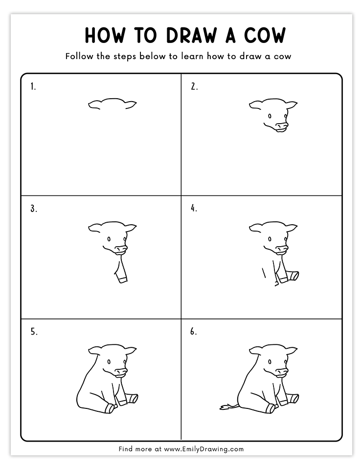 Step-by-step tutorial to draw a cute sitting cow with simple and easy instructions, great for beginners and kids.