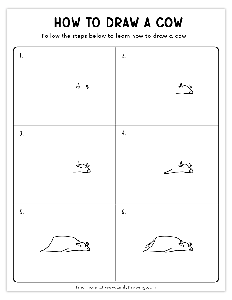 Simple guide to drawing a resting cow with easy-to-follow steps, perfect for beginners and kids.